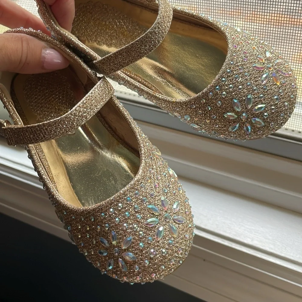 Toddler Girl Mary Jane Gold  rhinestone ballet flats Sz 7 Holiday New Years